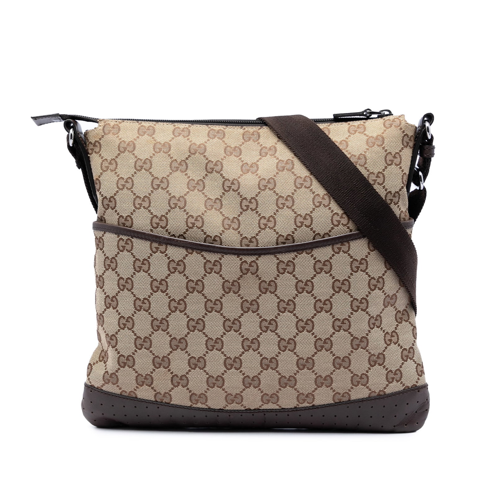 Gucci GG Canvas Crossbody Bag Beige Fabric Leather Trim: Gucci GG Canvas Crossbody Bag Beige Fabric Leather Trim Gucci GG Canvas Crossbody bag in beige, made in Italy. It features a canvas body with perforated leather trim, an adjustable flat strap, a top z
