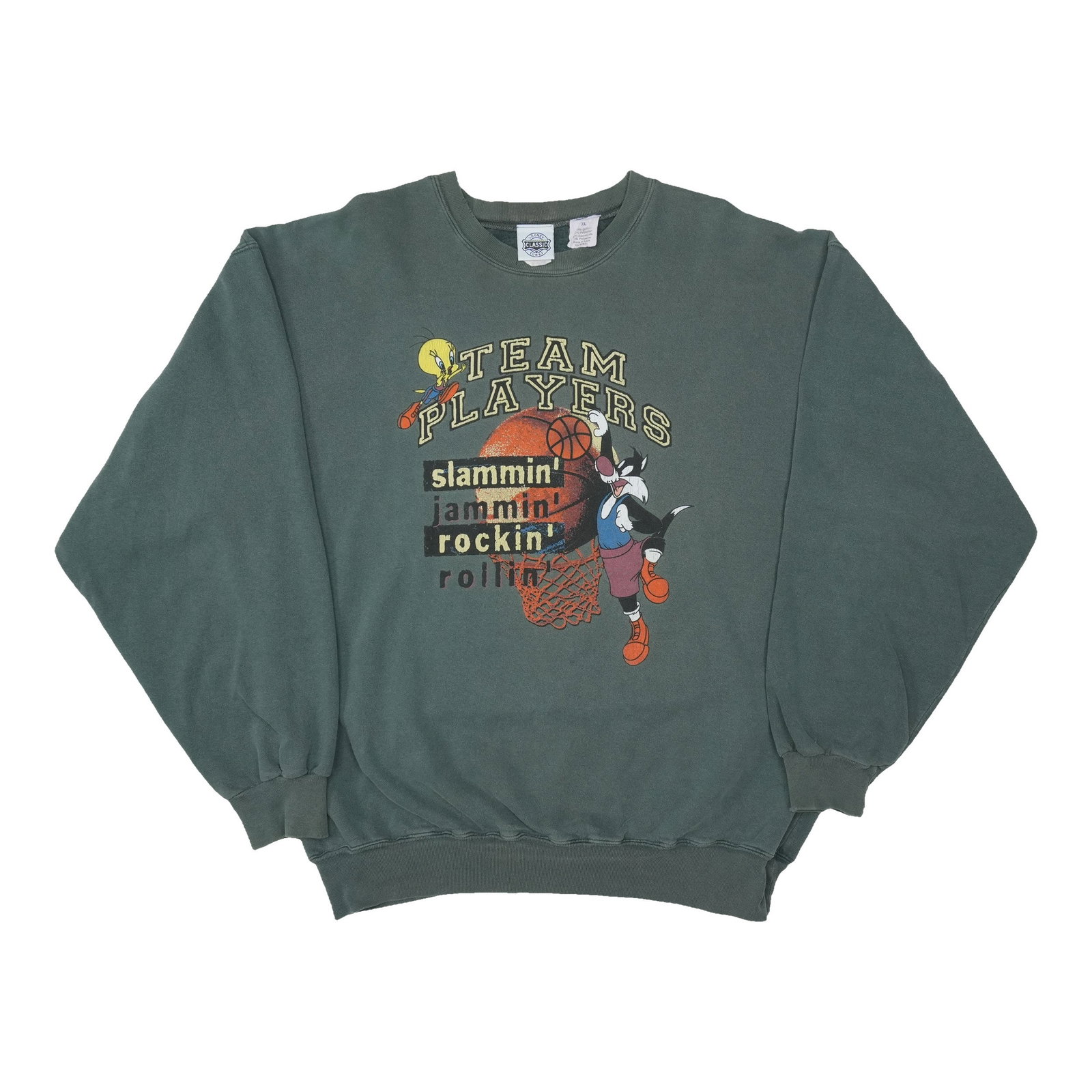 Vintage 1990s Looney Tunes Basketball Team Players Green Sweatshirt: Vintage 1990s Looney Tunes Basketball Team Players Green Sweatshirt Original vintage 1990s Looney Tunes Team Players Basketball Sweatshirt. This is a true vintage sweatshirt, not a modern reproduction