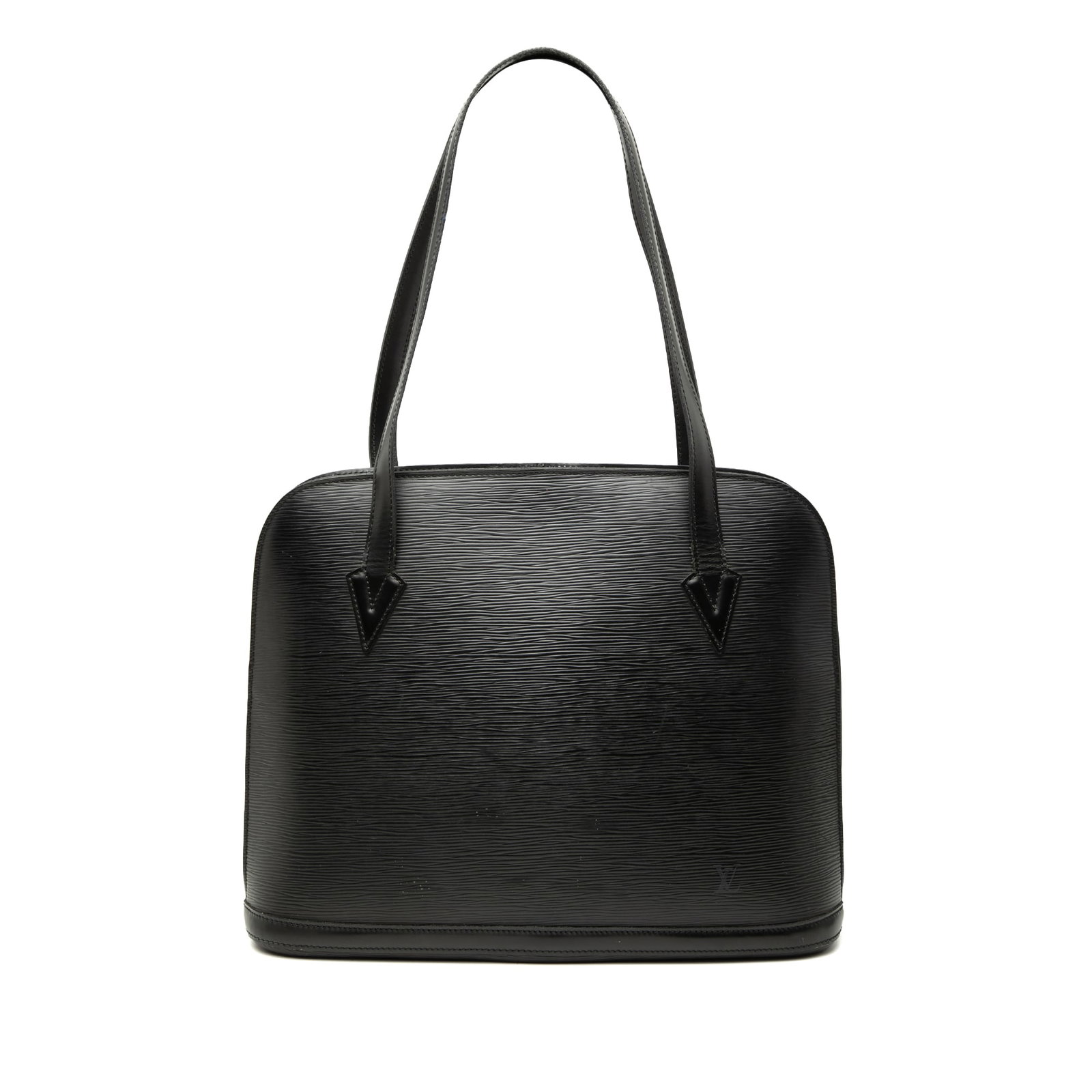 Black Epi Leather Shoulder Bag Louis Vuitton Lussac: Black Epi Leather Shoulder Bag Louis Vuitton Lussac Louis Vuitton Epi Lussac handbag in black Epi leather with flat leather straps, a zip-around top closure, and interior zip and slip pockets. Made in