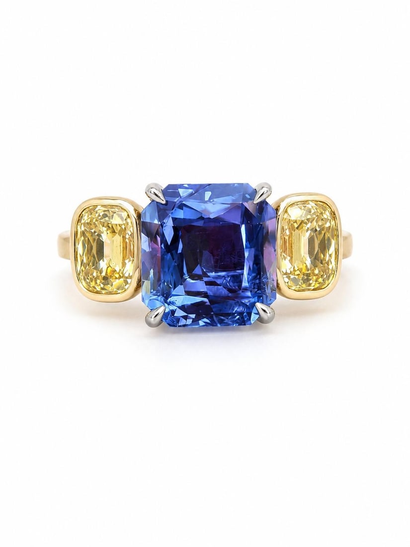Unbranded Cocktail Ring 18k Gold Platinum GIA Sapphire Yellow Diamond 5.51ctw: Unbranded Cocktail Ring 18k Gold Platinum GIA Sapphire Yellow Diamond 5.51ctw Cocktail ring crafted in solid 18k yellow gold with .900+ platinum, featuring a natural blue sapphire accented by two old 