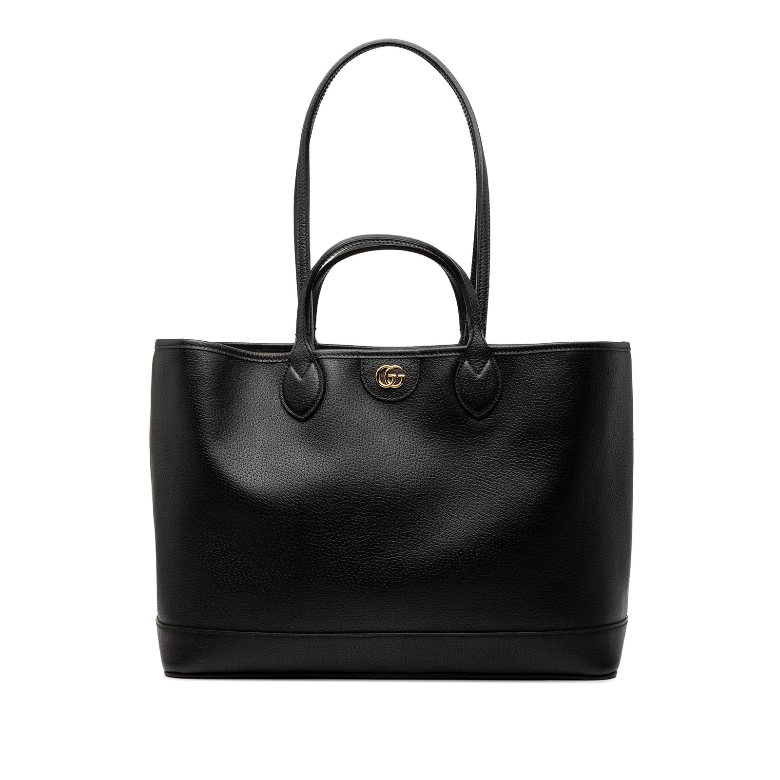 Gucci Ophidia Medium Black Leather Tote Bag: Gucci Ophidia Medium Black Leather Tote Bag This Gucci Medium Leather Ophidia Tote features a black leather body with flat leather handles and straps, and an open top design. The bag shows some signs 