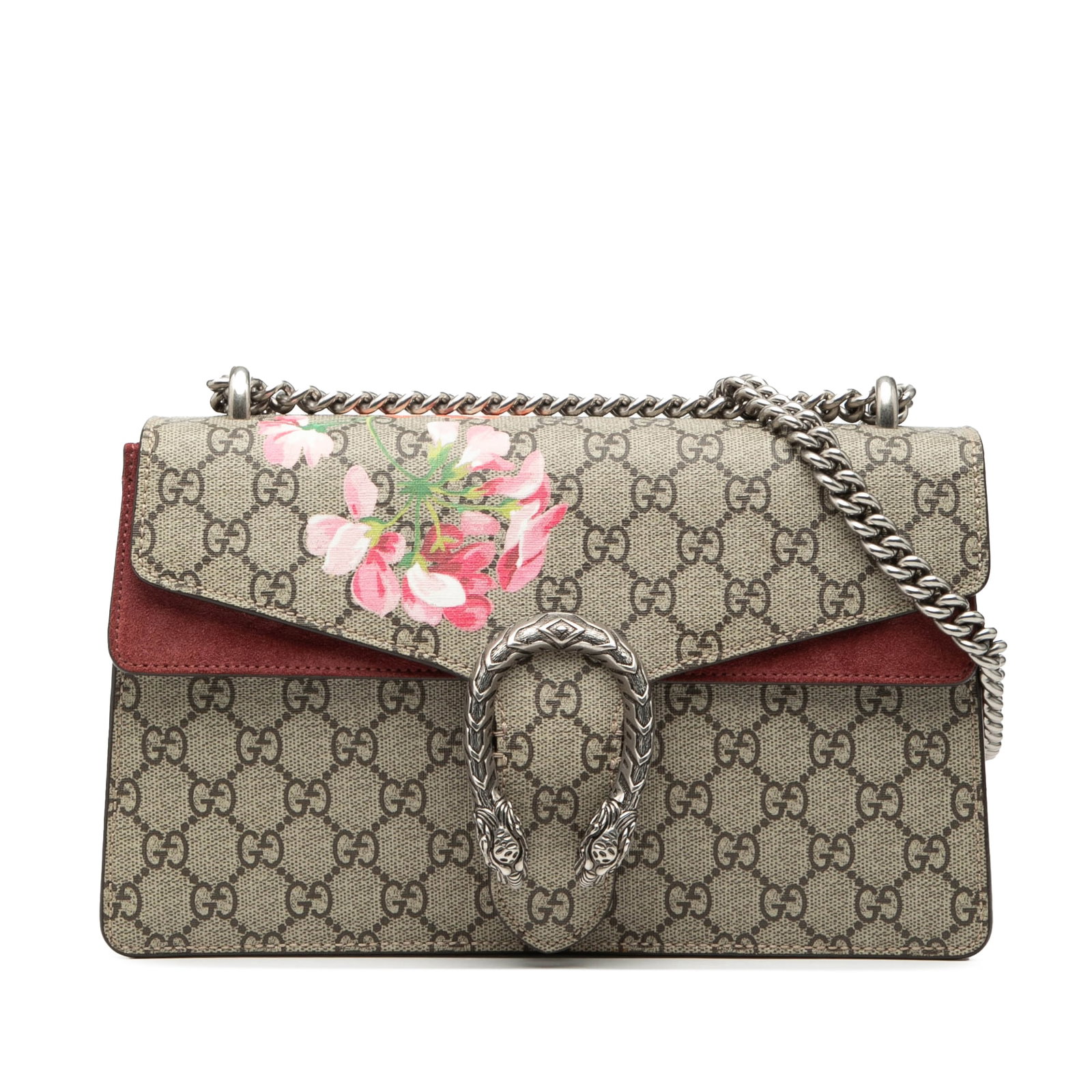 Gucci Dionysus Medium GG Supreme Blooms Canvas Shoulder Bag with Suede Trim: Gucci Dionysus Medium GG Supreme Blooms Canvas Shoulder Bag with Suede Trim This Gucci Medium GG Supreme Blooms Dionysus Shoulder Bag features a coated canvas body with suede leather trim, a chain lin