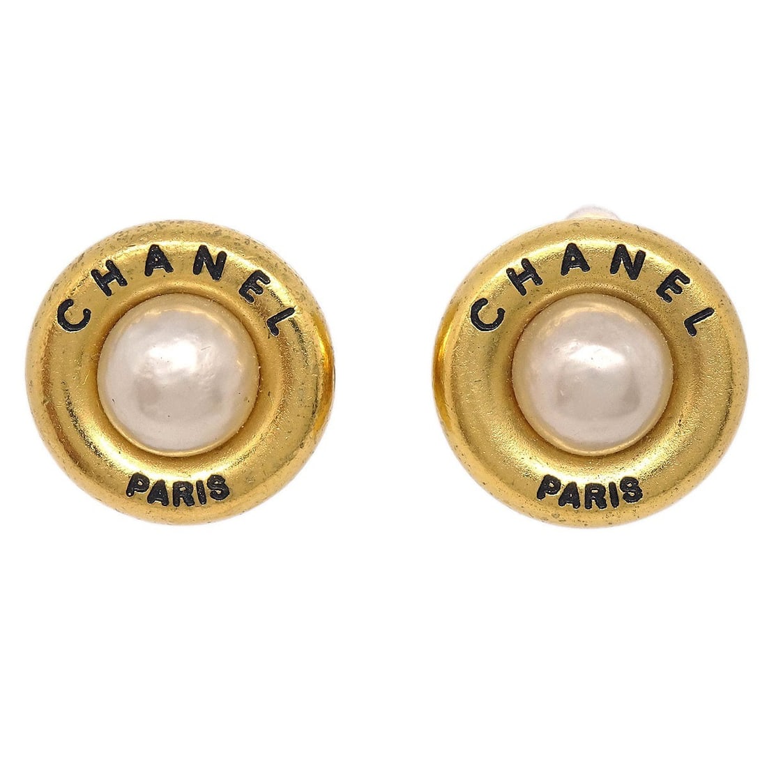 Chanel 94P Button Clip-On Earrings Gold Tone Artificial Pearl: Chanel 94P Button Clip-On Earrings Gold Tone Artificial Pearl Chanel clip-on button earrings featuring the CC logo and artificial pearl detailing. Finished in gold tone, this pair is made in France an