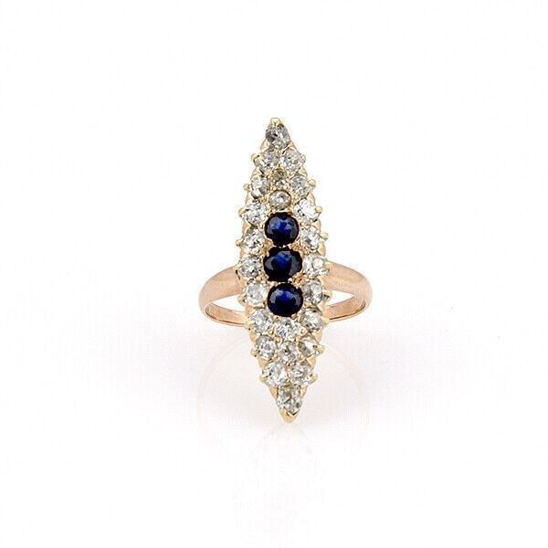 Antique 14k Rose Gold Ring with Old Mine Cut Diamonds and Marquise Sapphire (1 of 3)