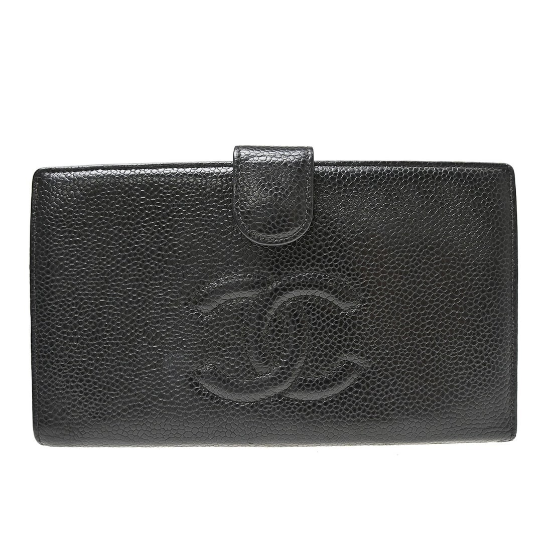 CHANEL CC Caviar Skin Bifold Wallet Black Leather: CHANEL CC Caviar Skin Bifold Wallet Black Leather Black bifold wallet purse for women, featuring a CC pattern and crafted in caviar skin leather. Made in France, it has a long wallet design with one c