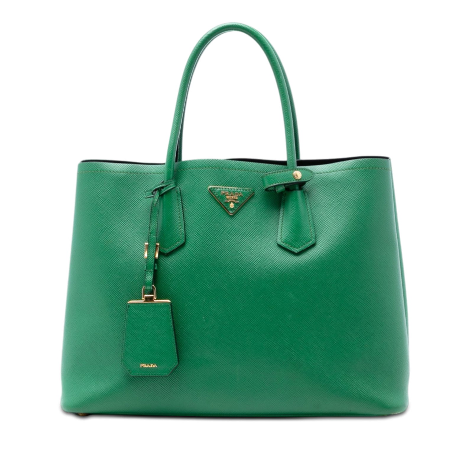 Prada Saffiano Leather Medium Double Handle Satchel in Green: Prada Saffiano Leather Medium Double Handle Satchel in Green This Prada Medium Saffiano Cuir Double Satchel is crafted from green saffiano leather and features rolled leather handles, an open top desi