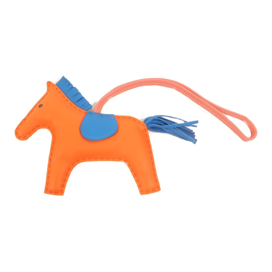 Hermes Rodeo MM Lambskin Bag Charm Orange Poppy Bleu Z: Hermes Rodeo MM Lambskin Bag Charm Orange Poppy Bleu Z Hermes Rodeo MM charm in Agneau Milo lambskin (sheep leather) with an orange poppy and blue color combination. It is a unisex charm made in Franc