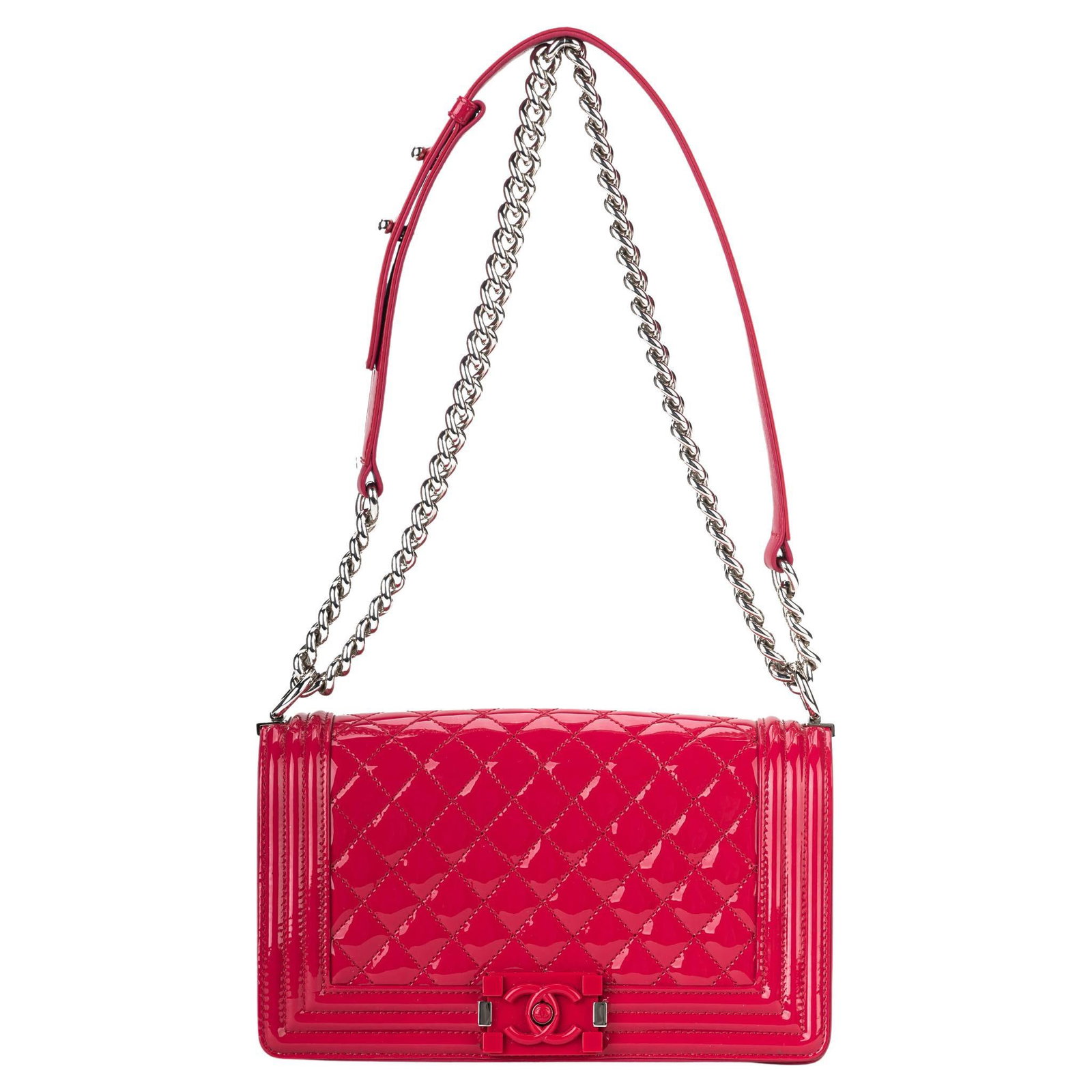 Chanel Old Boy Red Patent Leather Handbag with Silver Chain: Chanel Old Boy Red Patent Leather Handbag with Silver Chain Introducing the Chanel Patent Leather Old Boy, a timeless piece that exemplifies luxury and style. Crafted in striking red patent leather, t