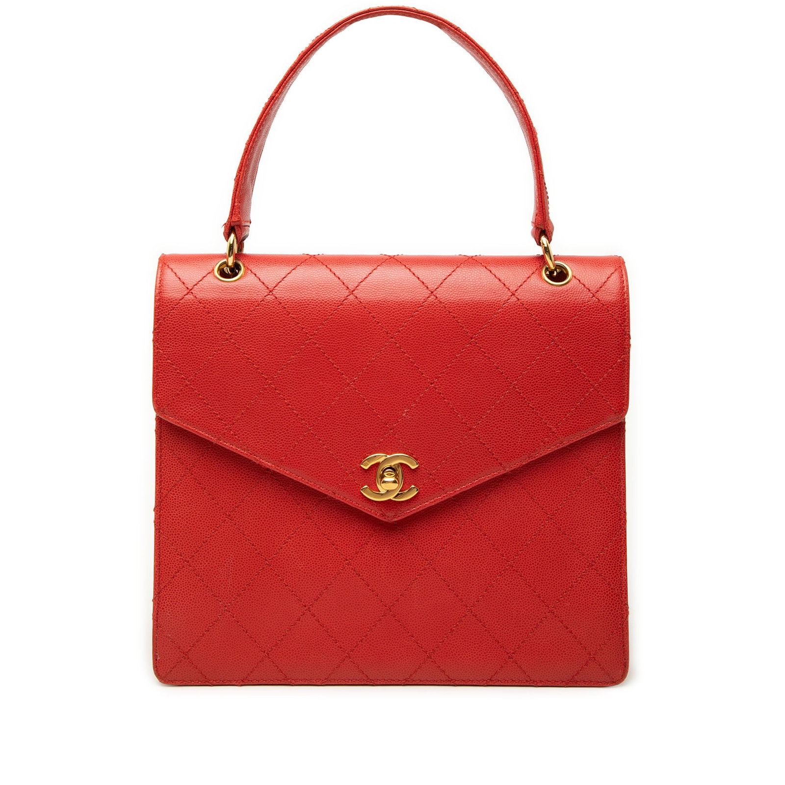 Chanel CC Turnlock Top Handle Bag in Red Caviar Leather: Chanel CC Turnlock Top Handle Bag in Red Caviar Leather Chanel CC Quilted Caviar Turnlock Top Handle handbag in red leather, made in France. It features a caviar leather body, flat top handle, front f