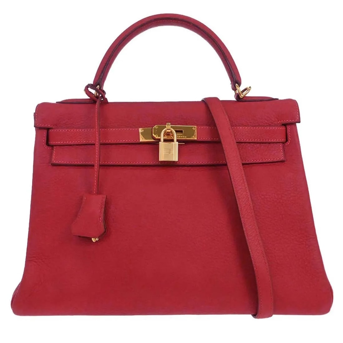 Red Togo Leather Kelly Bag 33cm with Gold Hardware by Hermes: Red Togo Leather Kelly Bag 33cm with Gold Hardware by Hermes This Hermes Kelly Handbag features red Togo leather and gold hardware, designed for women. The bag includes exterior and interior scuffs, s
