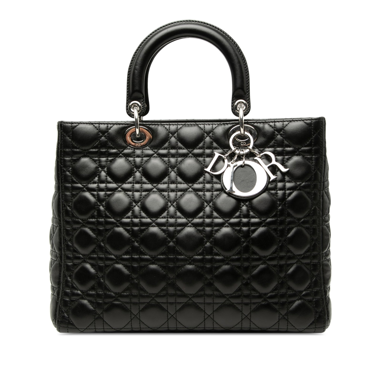 Dior Lady Dior Large Black Lambskin Cannage Handbag: Dior Lady Dior Large Black Lambskin Cannage Handbag This Lady Dior bag is crafted in quilted lambskin leather with a black finish. It features flat leather top handles, a top zip closure, and an inter