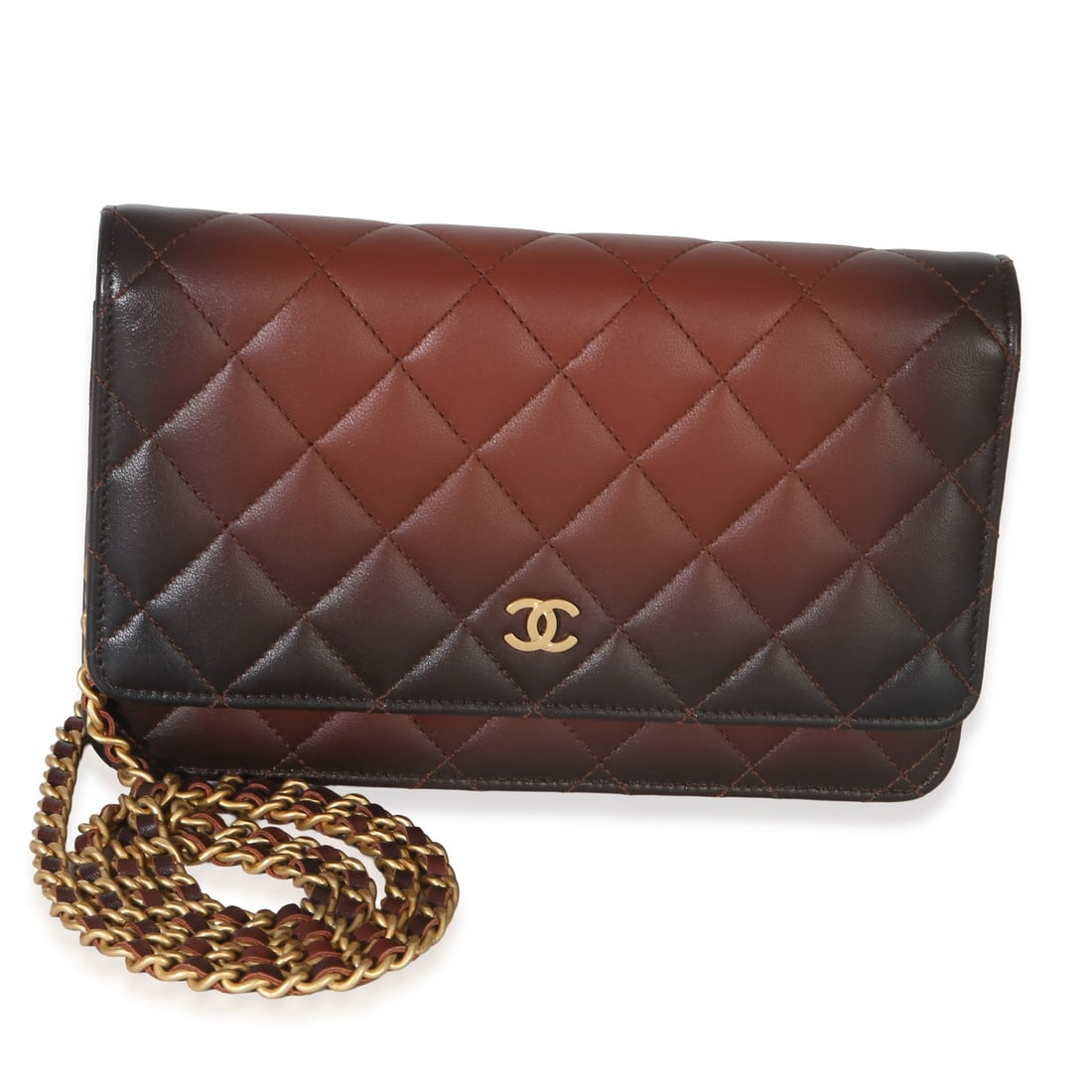 Chanel Classic Wallet On Chain Brown Quilted Lambskin Gold-Tone: Chanel Classic Wallet On Chain Brown Quilted Lambskin Gold-Tone This Chanel Classic Wallet On Chain features a brown ombre quilted lambskin leather exterior, complemented by gold-tone hardware. The ba