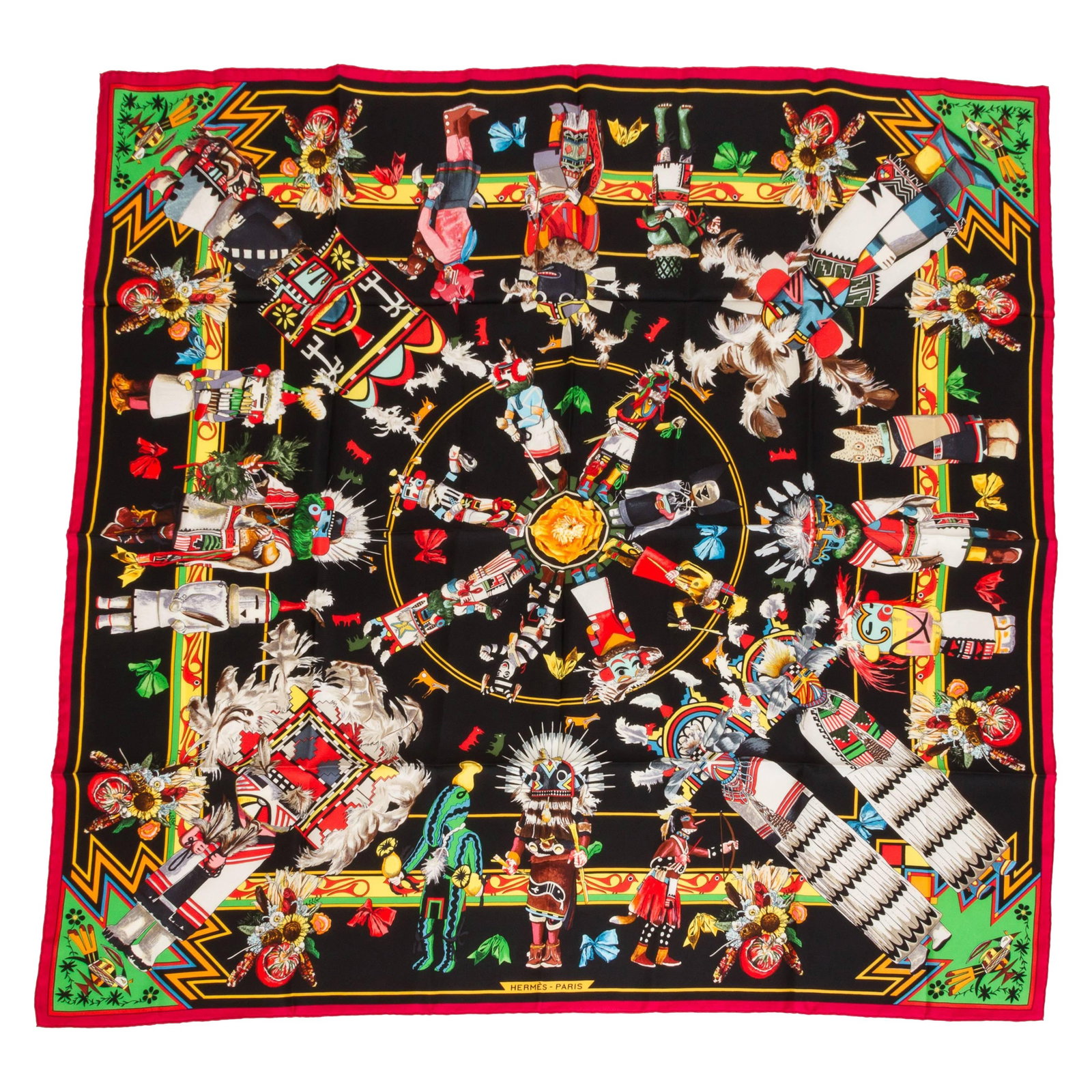 Hermes Kachinas Silk Scarf by Kermit Oliver 35in Black 1992 (1 of 4)