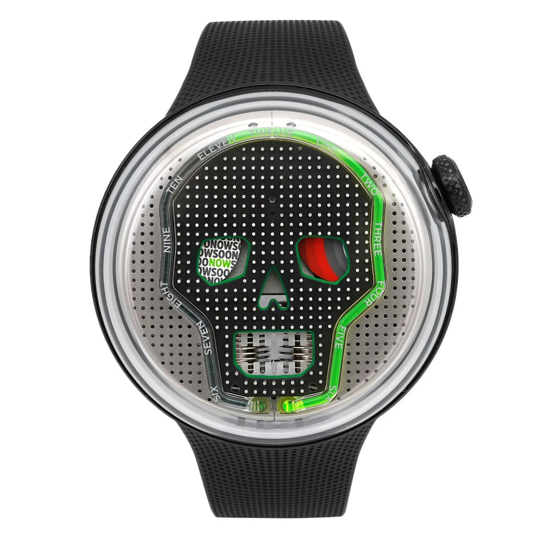 HYT Soonow Green Limited Edition Skull Watch Grey Dial Rubber Strap: HYT Soonow Green Limited Edition Skull Watch Grey Dial Rubber Strap Introducing the HYT Soonow Green Limited Edition Skull Men's Watch, a striking timepiece that combines luxury with exceptional craft