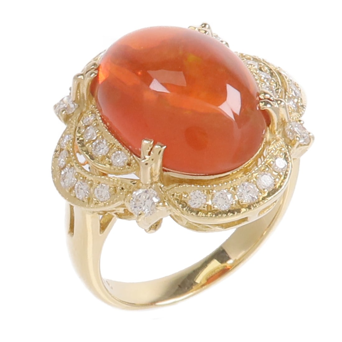 18K Yellow Gold Fire Opal Diamond Ring Size 6.25: 18K Yellow Gold Fire Opal Diamond Ring Size 6.25 A fire opal and diamond ring crafted in 18K yellow gold, presented in US size 6.25. The design features an orange and clear color combination, with a m