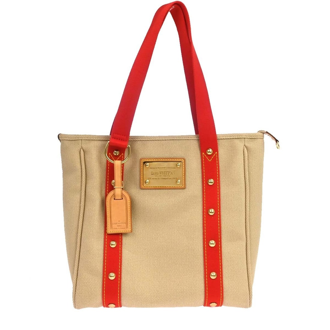 Louis Vuitton Antigua Cabas MM Beige Canvas Tote M40035: Louis Vuitton Antigua Cabas MM Beige Canvas Tote M40035 Louis Vuitton Antigua Cabas MM tote bag in beige canvas with red accents. This vintage medium-sized bag features double handles, a zip closure, 