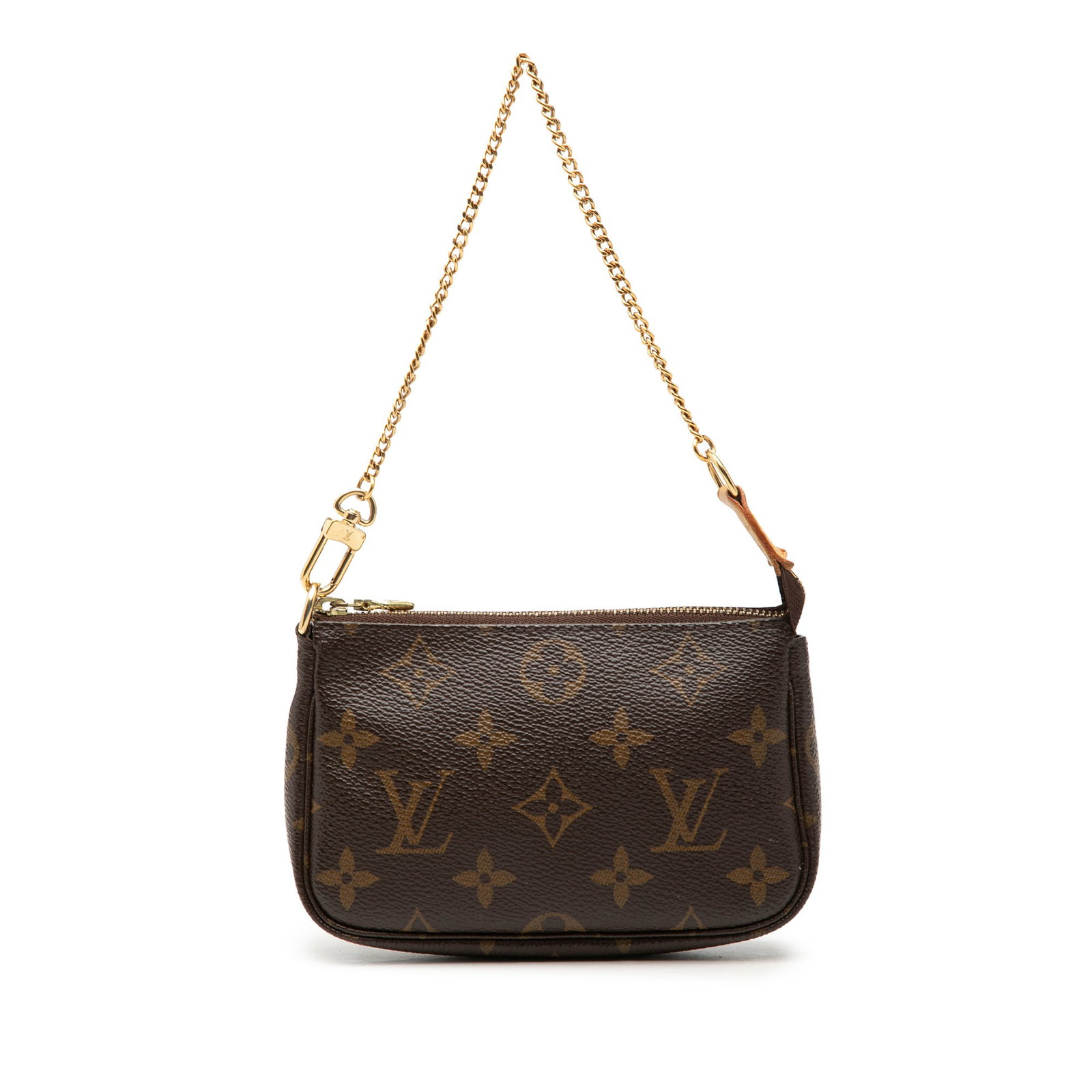 Louis Vuitton Monogram Canvas Mini Pochette Bag with Chain: Louis Vuitton Monogram Canvas Mini Pochette Bag with Chain Louis Vuitton Monogram Mini Pochette Accessoires in brown monogram canvas with a gold-tone chain strap and top zip closure. Made in France. C