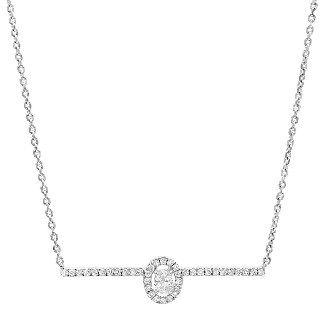 Messika Glam'Azone 18K White Gold Diamond Bar Necklace 0.36 Cttw 18.5 Inches: Messika Glam'Azone 18K White Gold Diamond Bar Necklace 0.36 Cttw 18.5 Inches This Messika Glam'Azone diamond chain necklace is crafted in 18K white gold and features a center oval cut diamond surround