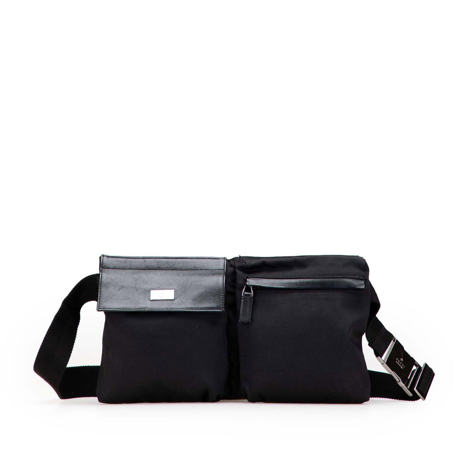 Gucci Nylon Double Pocket Waist Bag Black Leather Trim: Gucci Nylon Double Pocket Waist Bag Black Leather Trim Gucci Nylon Double Pocket Belt Bag in black, featuring a nylon body with leather trim and an adjustable flat waist strap. It has exterior front f