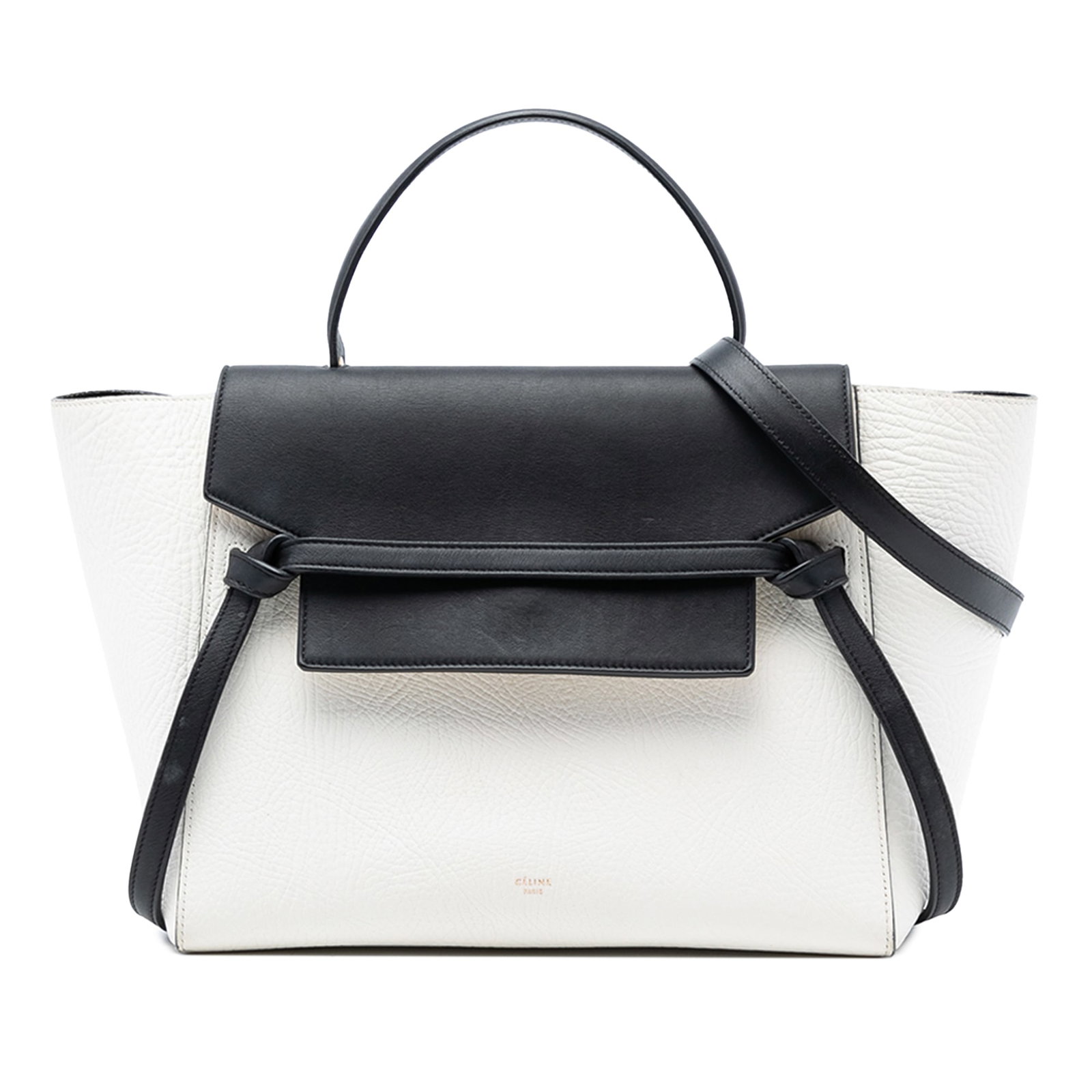 Celine Mini Belt Bag in White Grained Calf Leather with Bicolor Design: Celine Mini Belt Bag in White Grained Calf Leather with Bicolor Design This Celine Mini Bicolor Grained Calfskin Belt Bag features a grained calf leather body in a bicolor design, complemented by a fl
