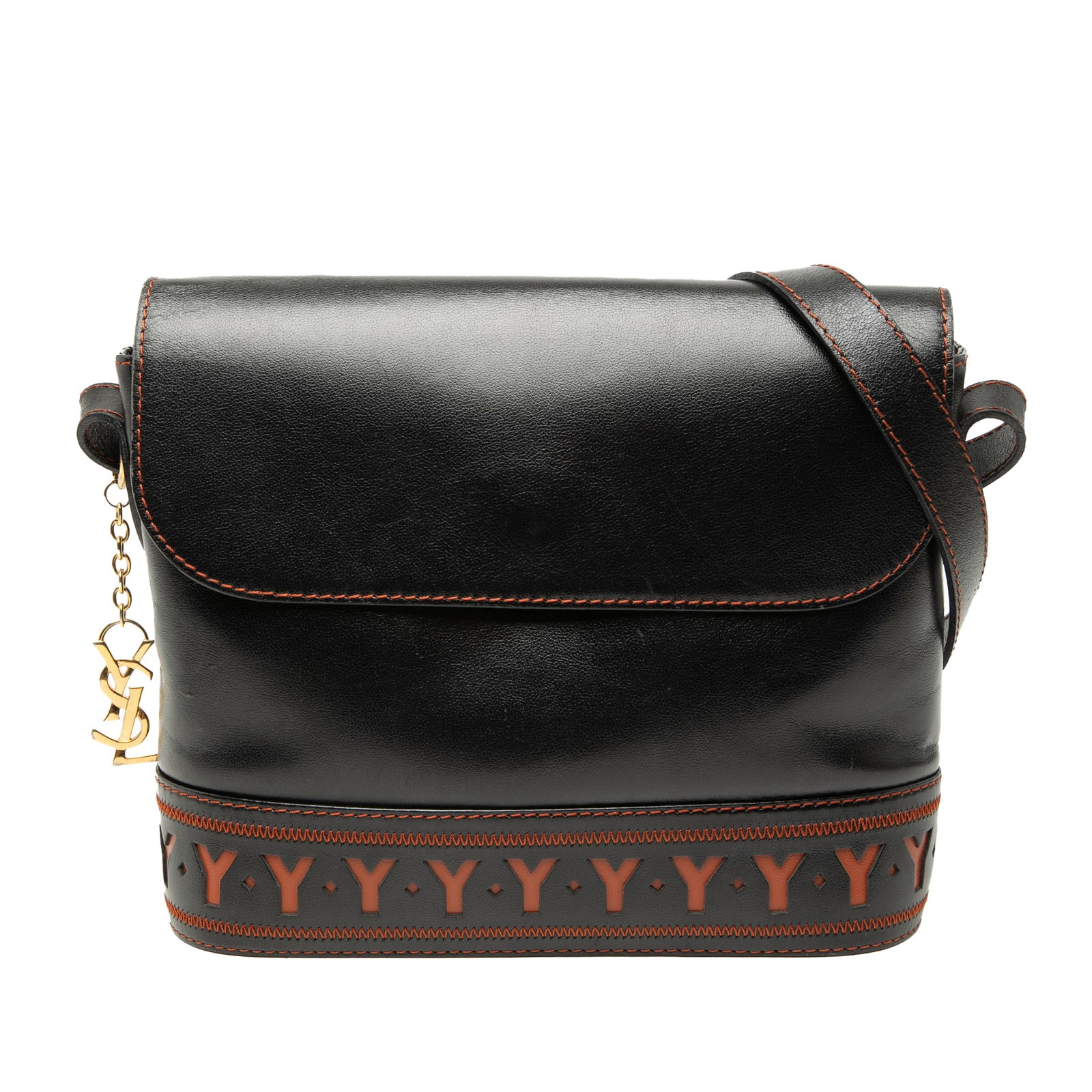 Saint Laurent Leather Cutout Black Leather Crossbody Bag: Saint Laurent Leather Cutout Black Leather Crossbody Bag Black leather Saint Laurent Leather Cutout Crossbody bag from France. It features a leather body, a flat leather shoulder strap, a front flap w