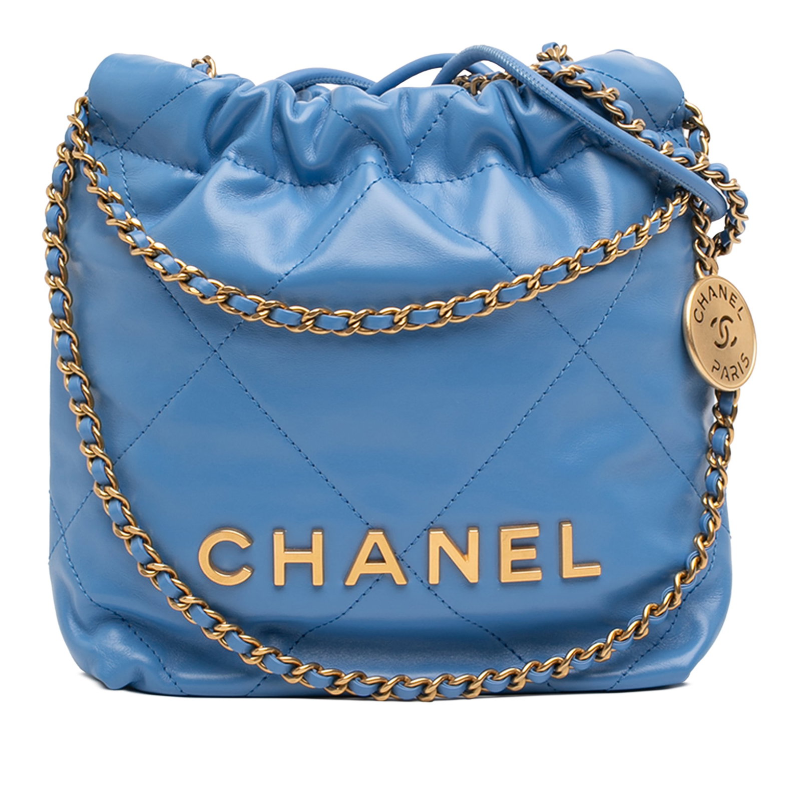 Chanel 22 Mini Shiny Calfskin Leather Drawstring Bag: Chanel 22 Mini Shiny Calfskin Leather Drawstring Bag Chanel Mini Shiny Calfskin 22 Handbag in blue quilted leather. This satchel features leather-woven chain handles, a leather-woven chain and flat le