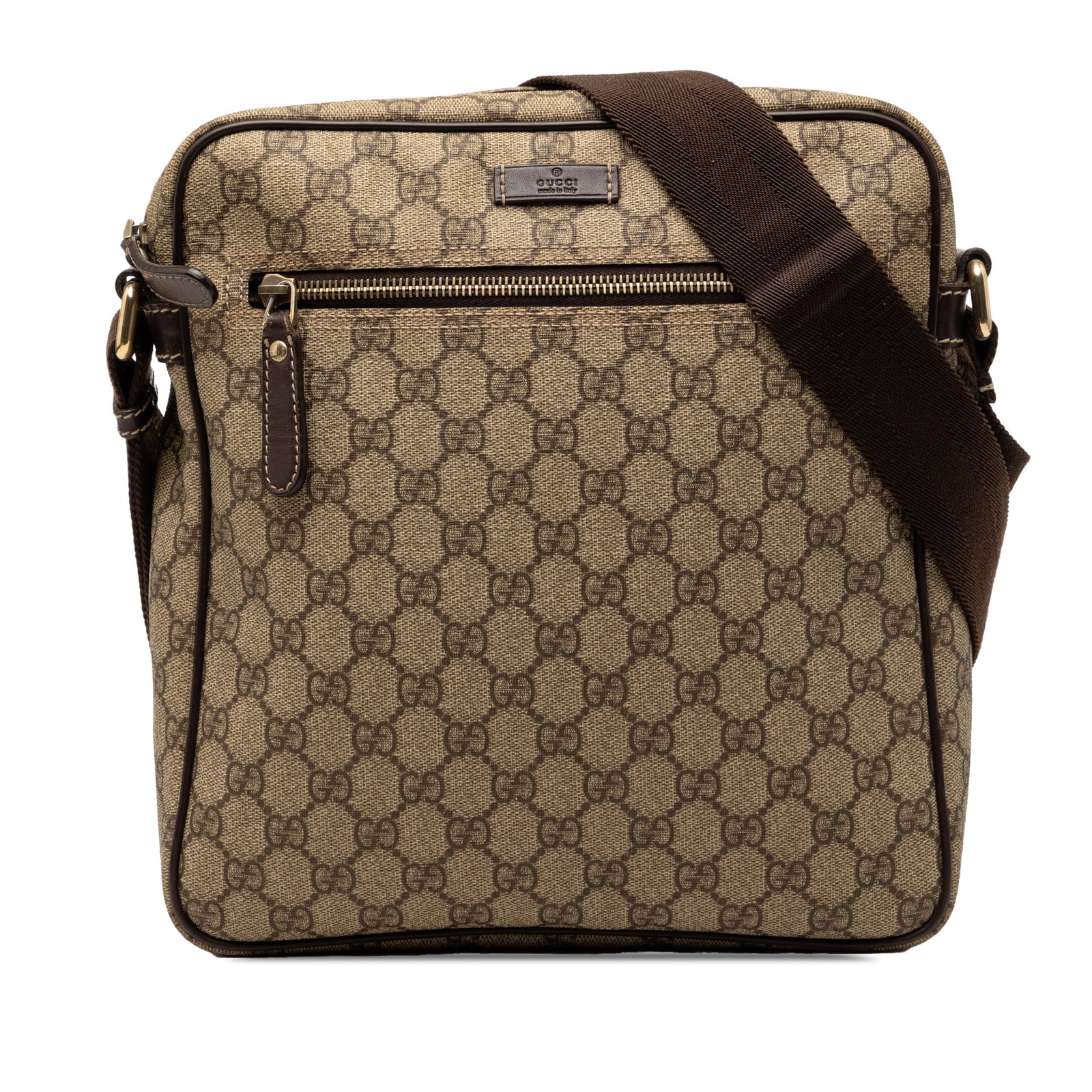 Gucci GG Supreme beige canvas crossbody bag: Gucci GG Supreme beige canvas crossbody bag This Gucci GG Supreme Crossbody bag features a coated canvas body with leather trim, a flat strap, top zip closure, exterior front zip pocket, and an interi