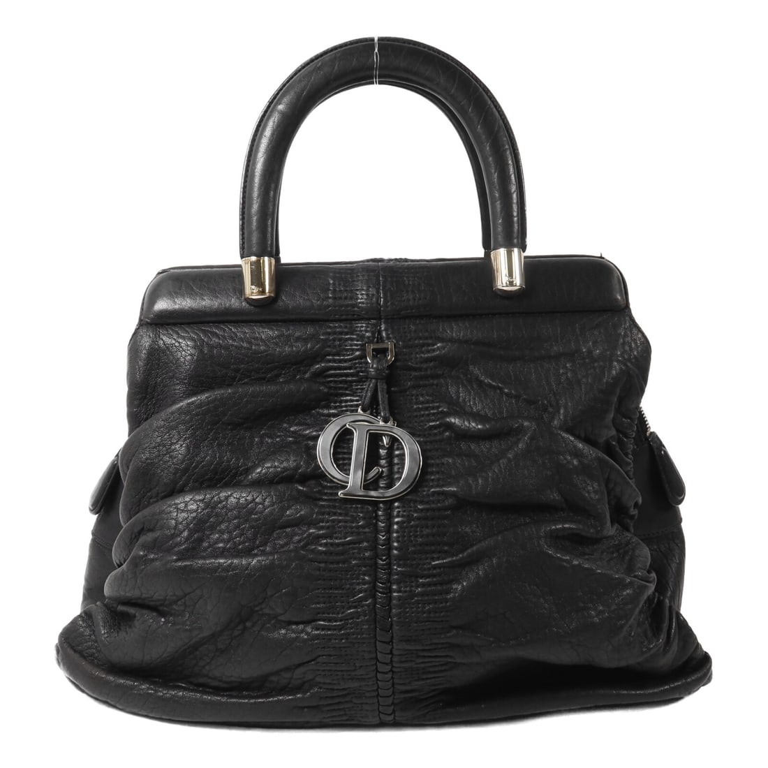 Dior Karenina Black Calfskin Handbag with CD Silver Tone Hardware: Dior Karenina Black Calfskin Handbag with CD Silver Tone Hardware A Christian Dior Karenina handbag in black calfskin leather with a structured silhouette and black-on-black colorway. The bag includes