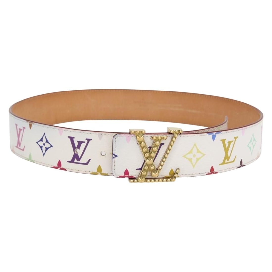 Louis Vuitton Multicolor White Canvas Belt with LV Initials and Studs M6909: Louis Vuitton Multicolor White Canvas Belt with LV Initials and Studs M6909 This Louis Vuitton multicolor belt features the iconic LV initials and stud accents on monogram multicolor canvas. The belt 