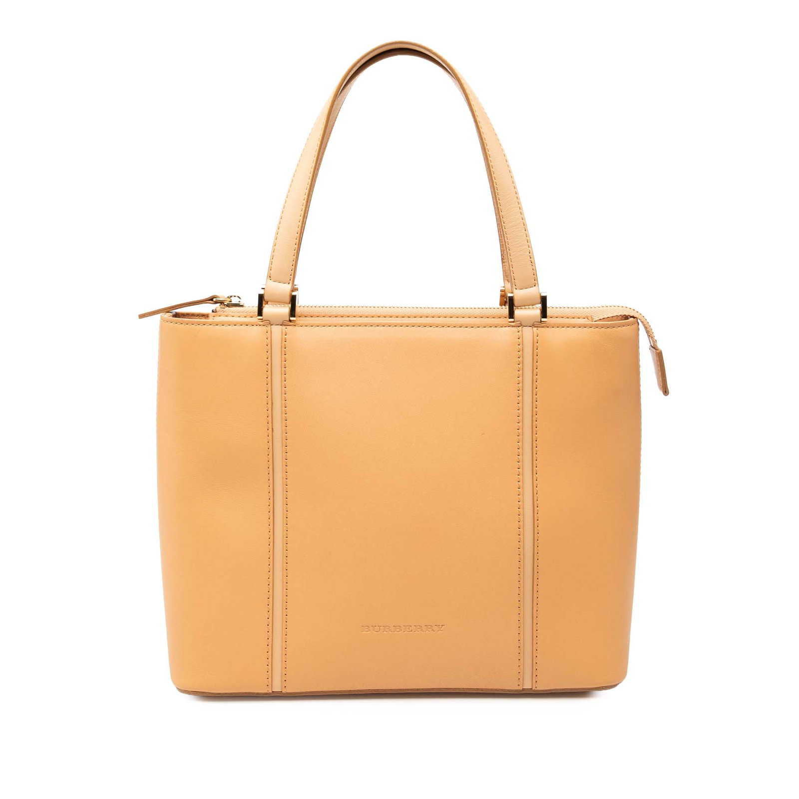 Brown Leather Tote Bag by Burberry with Zip Top: Brown Leather Tote Bag by Burberry with Zip Top This Burberry leather tote bag features a brown leather body with flat leather handles, a top zip closure, and interior zip and slip pockets. The bag sh