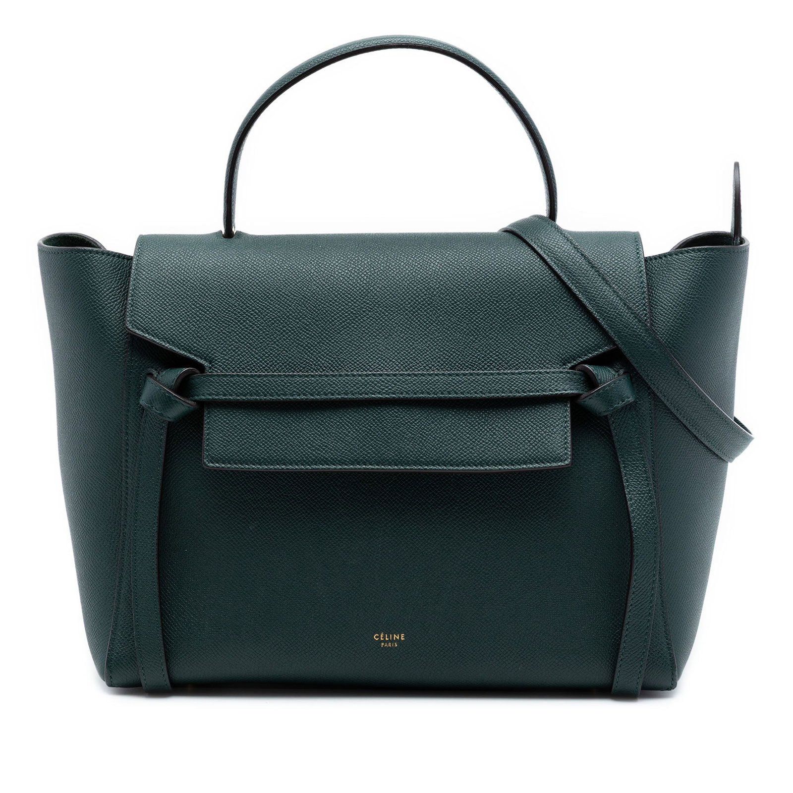 Celine green leather mini belt bag: Celine green leather mini belt bag This Celine Mini Grained Calfskin Belt Bag is crafted from high-quality leather in a green hue. It features a structured silhouette with a flat leather top handle, a