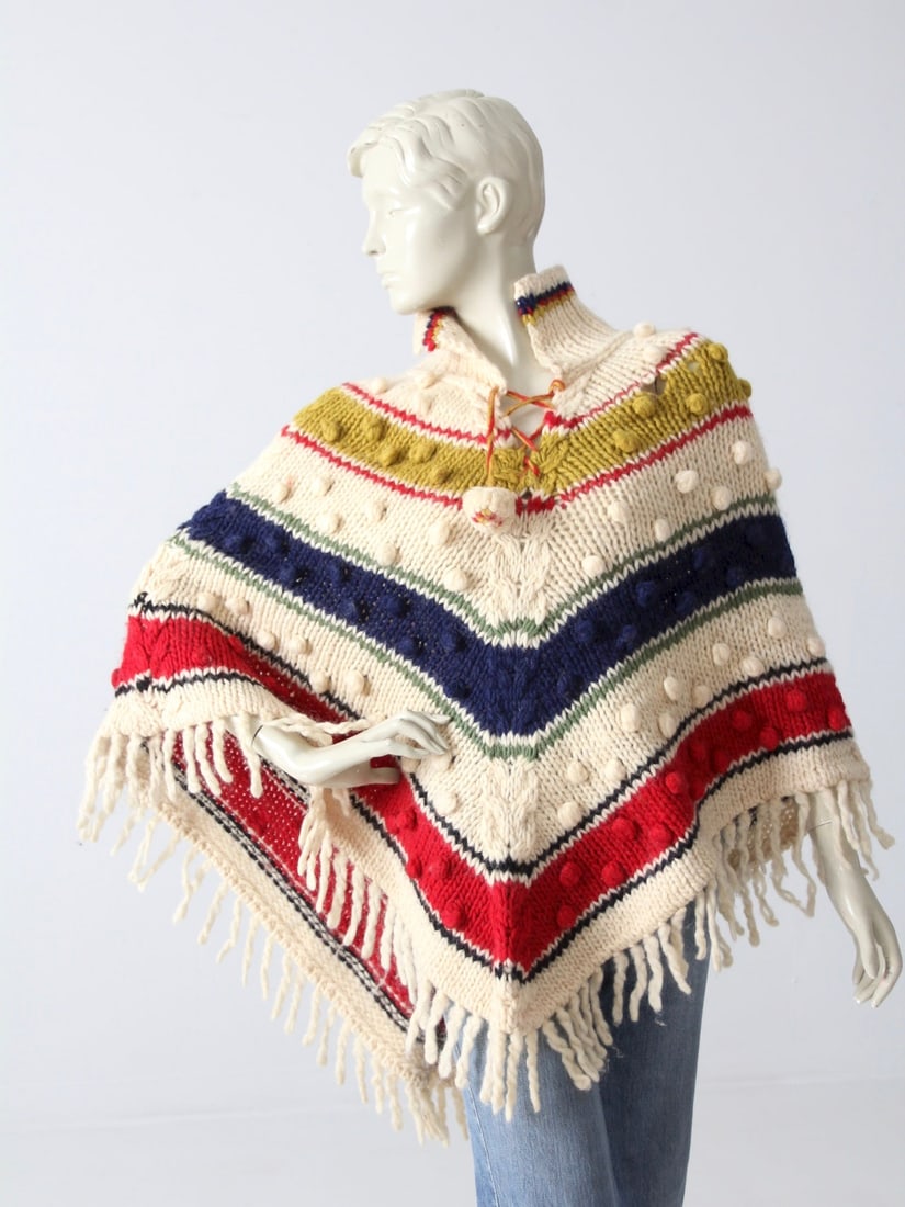 1970s Cream Chunky Knit Poncho with Pom Poms (1 of 6)