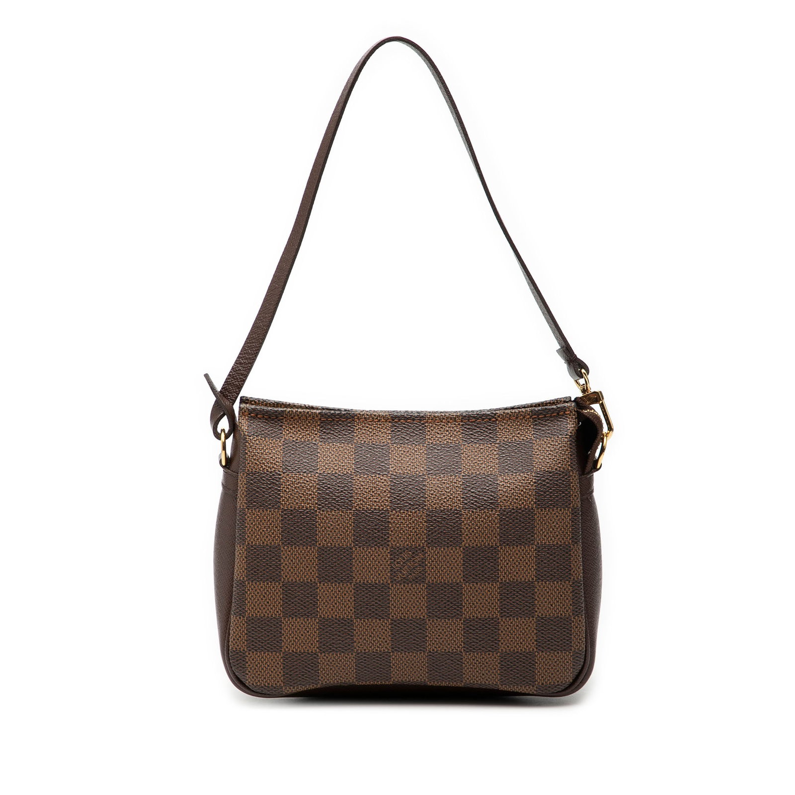 Louis Vuitton Damier Ebene Canvas Trousse Pochette Bag with Leather Trim: Louis Vuitton Damier Ebene Canvas Trousse Pochette Bag with Leather Trim This Louis Vuitton Damier Ebene Trousse Pochette features a signature Damier Ebene canvas body with leather trim, a flat leathe