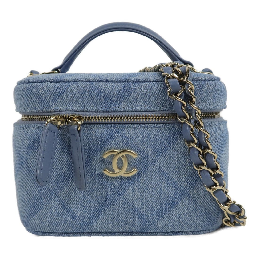Chanel CC Denim Vanity Case 2 Way Shoulder Bag Blue GHW: Chanel CC Denim Vanity Case 2 Way Shoulder Bag Blue GHW Vanity case 2-way shoulder bag in blue denim with CC hardware in gold tone. It features a handle and shoulder strap, and comes with storage bag 