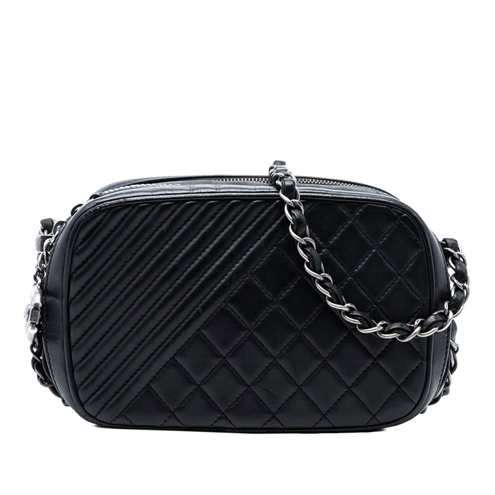 Chanel Coco Boy mini quilted lambskin camera bag: Chanel Coco Boy mini quilted lambskin camera bag This Chanel Mini Quilted Lambskin Coco Boy Camera Bag features a black quilted lambskin leather exterior with a silver-tone leather-woven chain link sh