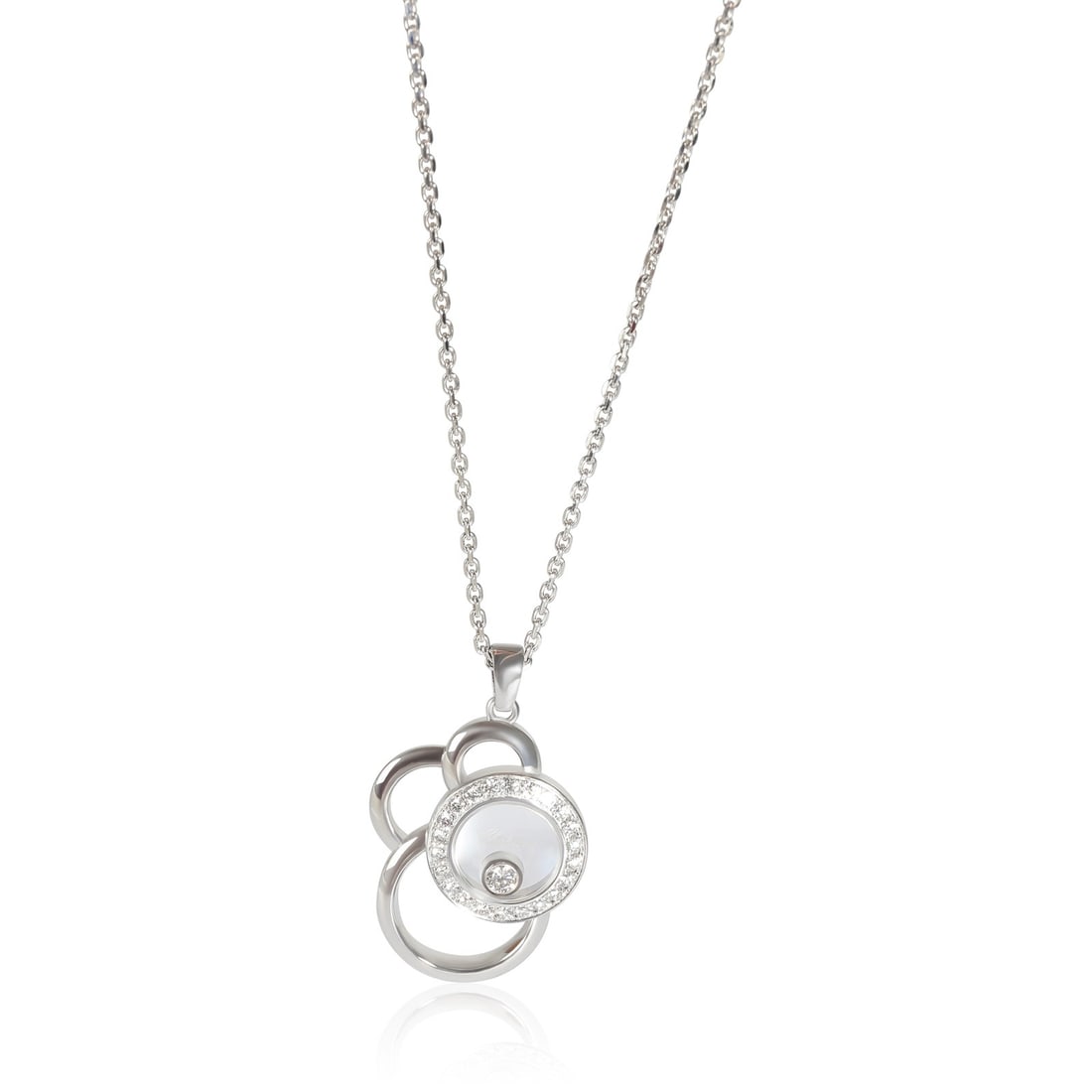 Chopard Happy Diamonds 18k White Gold Diamond Pendant with Box: Chopard Happy Diamonds 18k White Gold Diamond Pendant with Box This Chopard Happy Diamonds pendant features an elegant round brilliant design crafted in 18k white gold. The pendant is adorned with dia