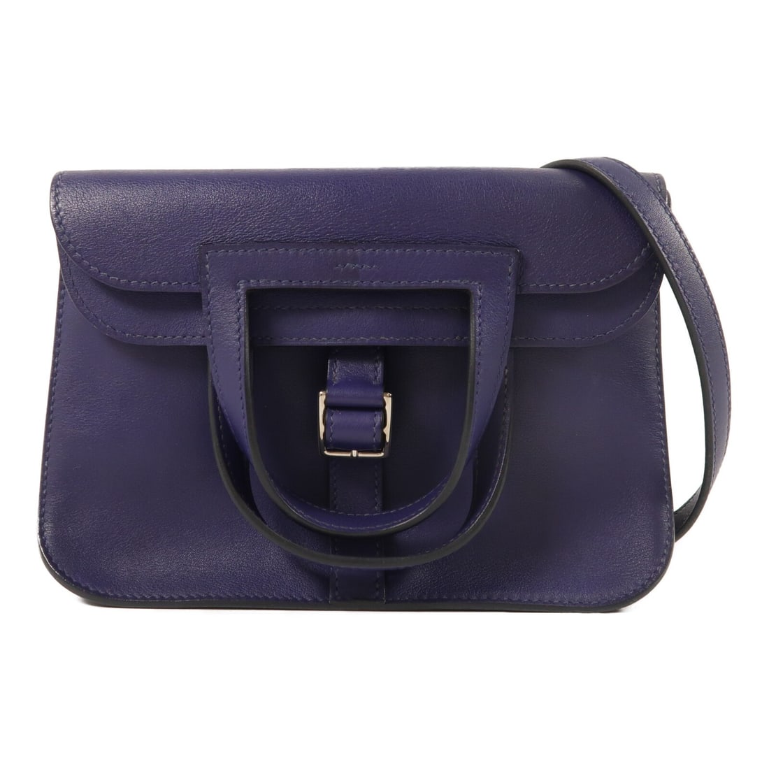 Hermes Mini Halzan 2way Shoulder Bag Bleu Encre Swift Calfskin PHW: Hermes Mini Halzan 2way Shoulder Bag Bleu Encre Swift Calfskin PHW Hermes Mini Halzan 2way shoulder bag in Veau Swift leather and calfskin (cowhide) in Bleu Encre. This women's bag is made in France a