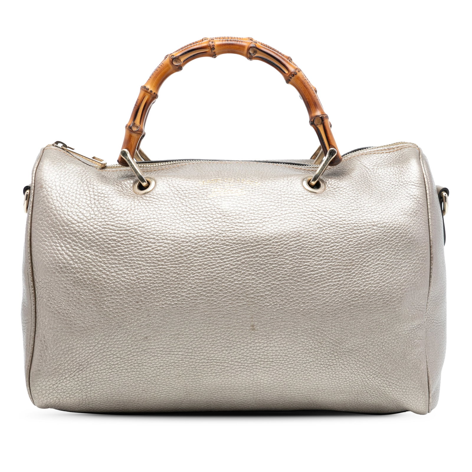 Bamboo Handle Medium Leather Satchel by Gucci in Gold: Bamboo Handle Medium Leather Satchel by Gucci in Gold This Gucci Medium Calfskin Bamboo Shopper Boston Bag features a gold leather exterior with distinctive bamboo top handles, a top zip closure, and 