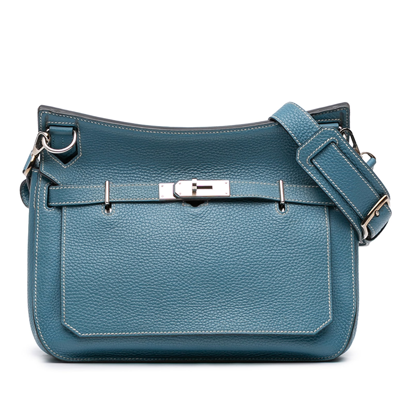 Blue Jean Clemence Leather Jypsiere 28 Shoulder Bag by Hermes: Blue Jean Clemence Leather Jypsiere 28 Shoulder Bag by Hermes The Hermes Clemence Jypsiere 28 is crafted from Blue Jean Clemence leather and features a detachable flat strap, a front flap with a metal