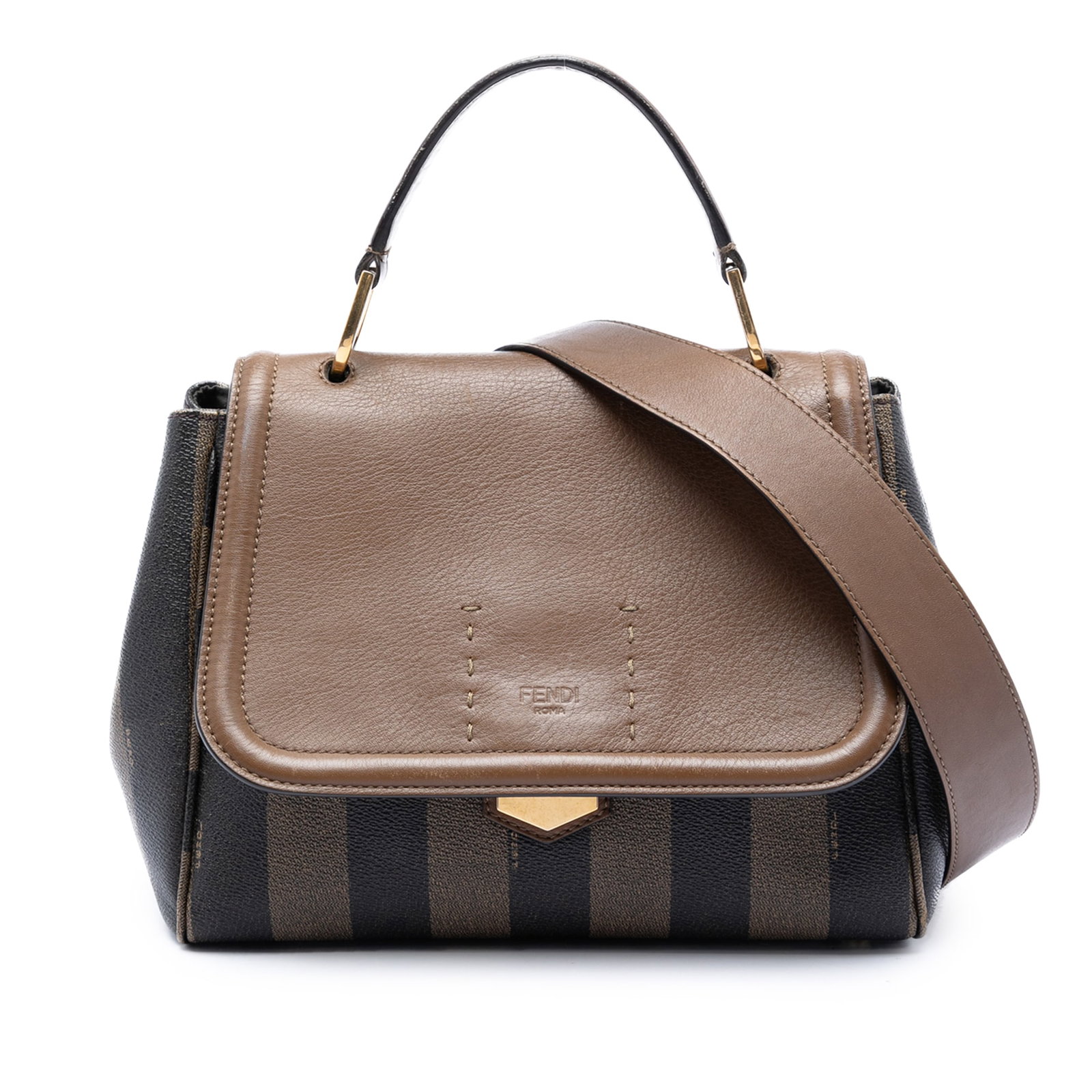 Fendi Silvana Satchel in Pequin Coated Canvas and Leather: Fendi Silvana Satchel in Pequin Coated Canvas and Leather Fendi Silvana satchel in Pequin coated canvas and leather. This bag features a flat leather top handle, a detachable and adjustable flat leath