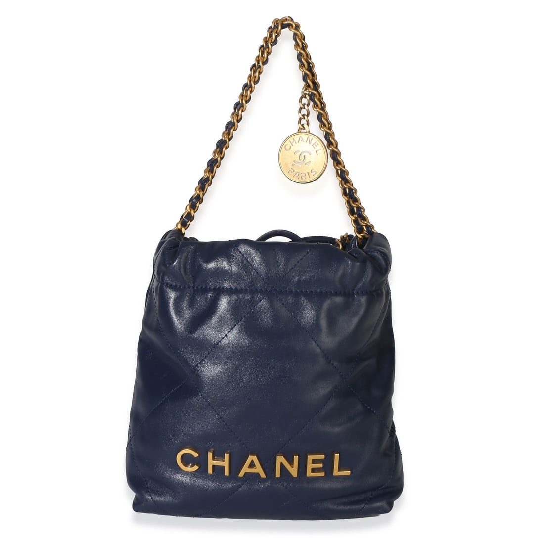 Chanel 22 Mini Hobo Shoulder Bag Blue Quilted Calfskin: Chanel 22 Mini Hobo Shoulder Bag Blue Quilted Calfskin Chanel 22 Mini Hobo shoulder bag in navy quilted calfskin leather with a drawstring closure. It features a fabric lining, gold-tone hardware, and