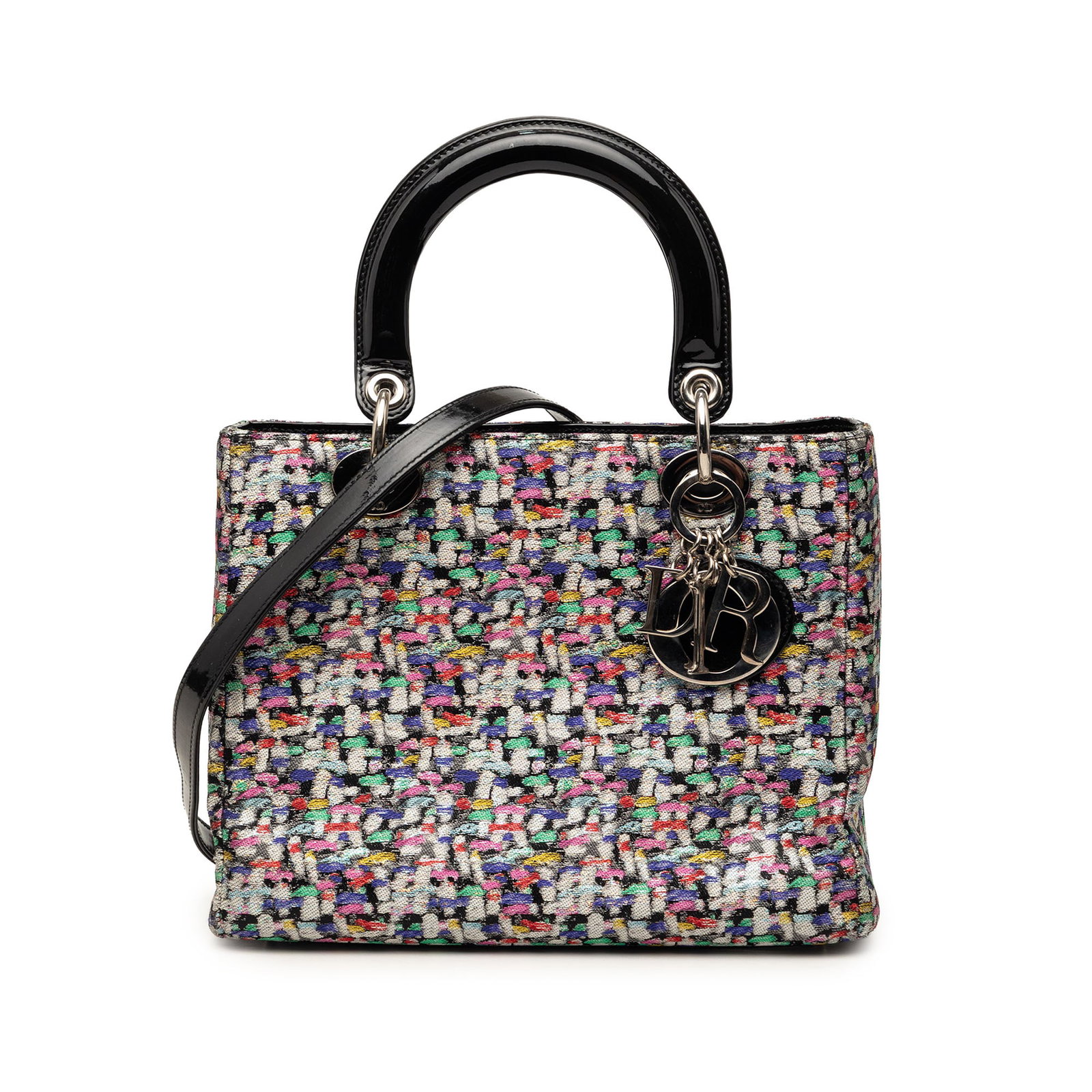 Dior Lady Dior Medium Bag in Metallic Fabric and Patent Leather: Dior Lady Dior Medium Bag in Metallic Fabric and Patent Leather Medium Lady Dior bag in multicolor metallic fabric with patent leather trim and top handles. It features a detachable flat strap, a fold