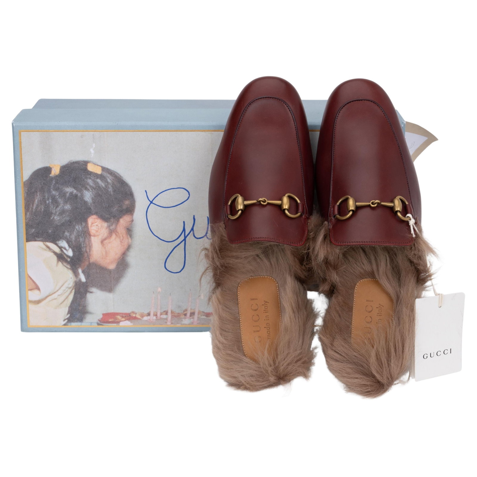 Gucci Maroon Furry Slides Men Size 6 with Horsebit Detail (1 of 7)
