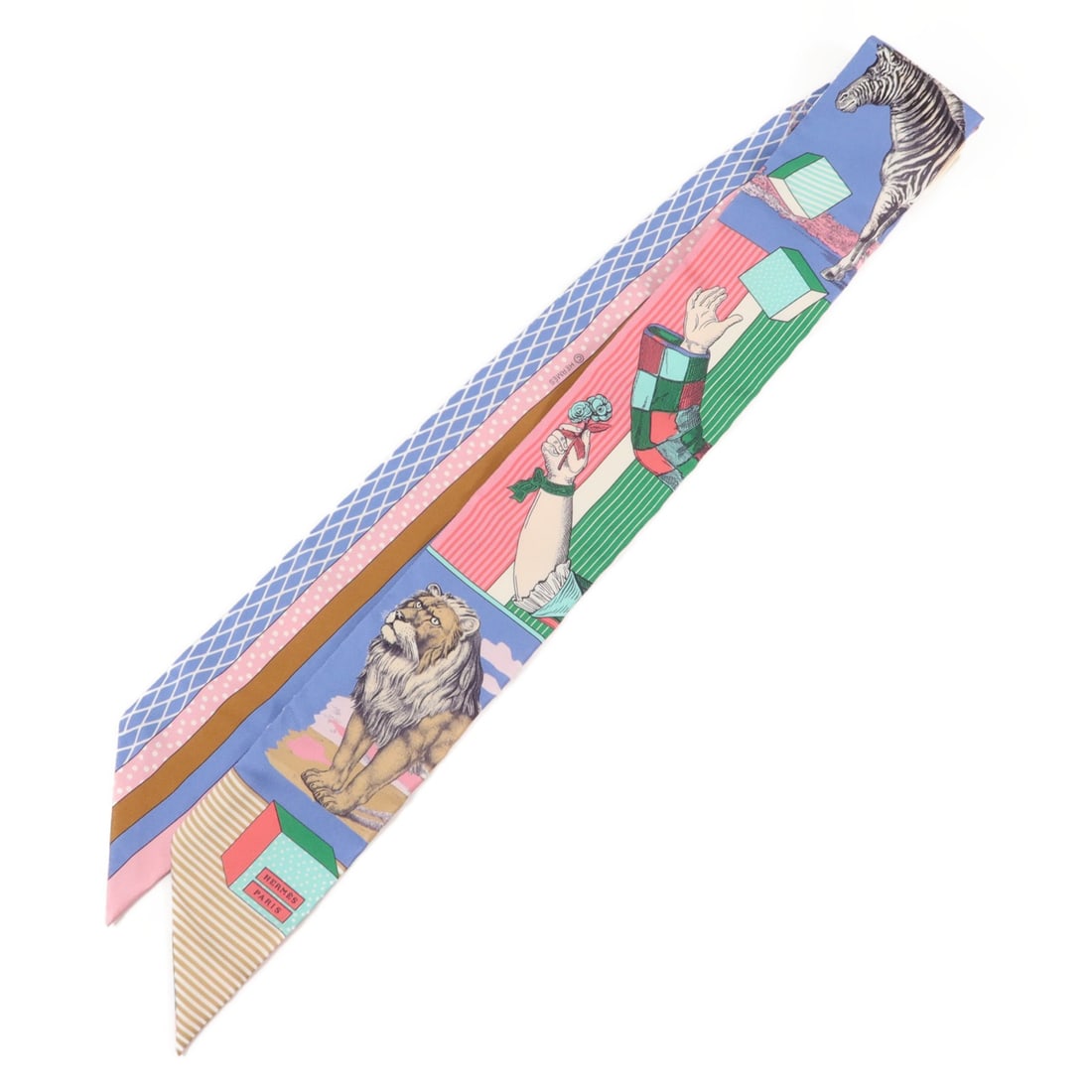 Hermes Twilly Silk Scarf Multicolor Pink Blue with Box: Hermes Twilly Silk Scarf Multicolor Pink Blue with Box Hermes Twilly scarf in multicolor with pink and blue tones, made from silk. It measures 85 cm x 5 cm (33.5 in x 2.0 in) and includes a storage bo