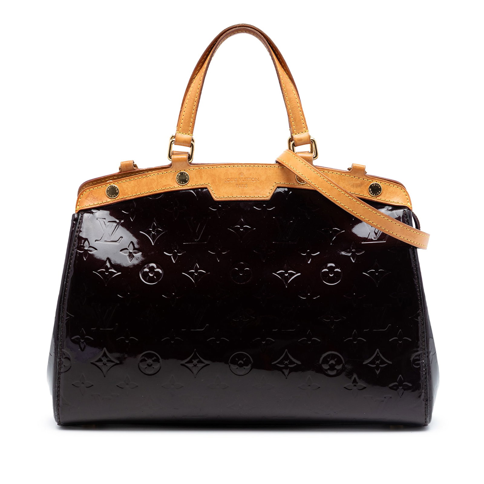 Louis Vuitton Brea MM Monogram Vernis Purple Leather Handbag: Louis Vuitton Brea MM Monogram Vernis Purple Leather Handbag Louis Vuitton Monogram Vernis Brea MM handbag in purple vernis leather with vachetta leather trim. It features flat top handles, a detachab