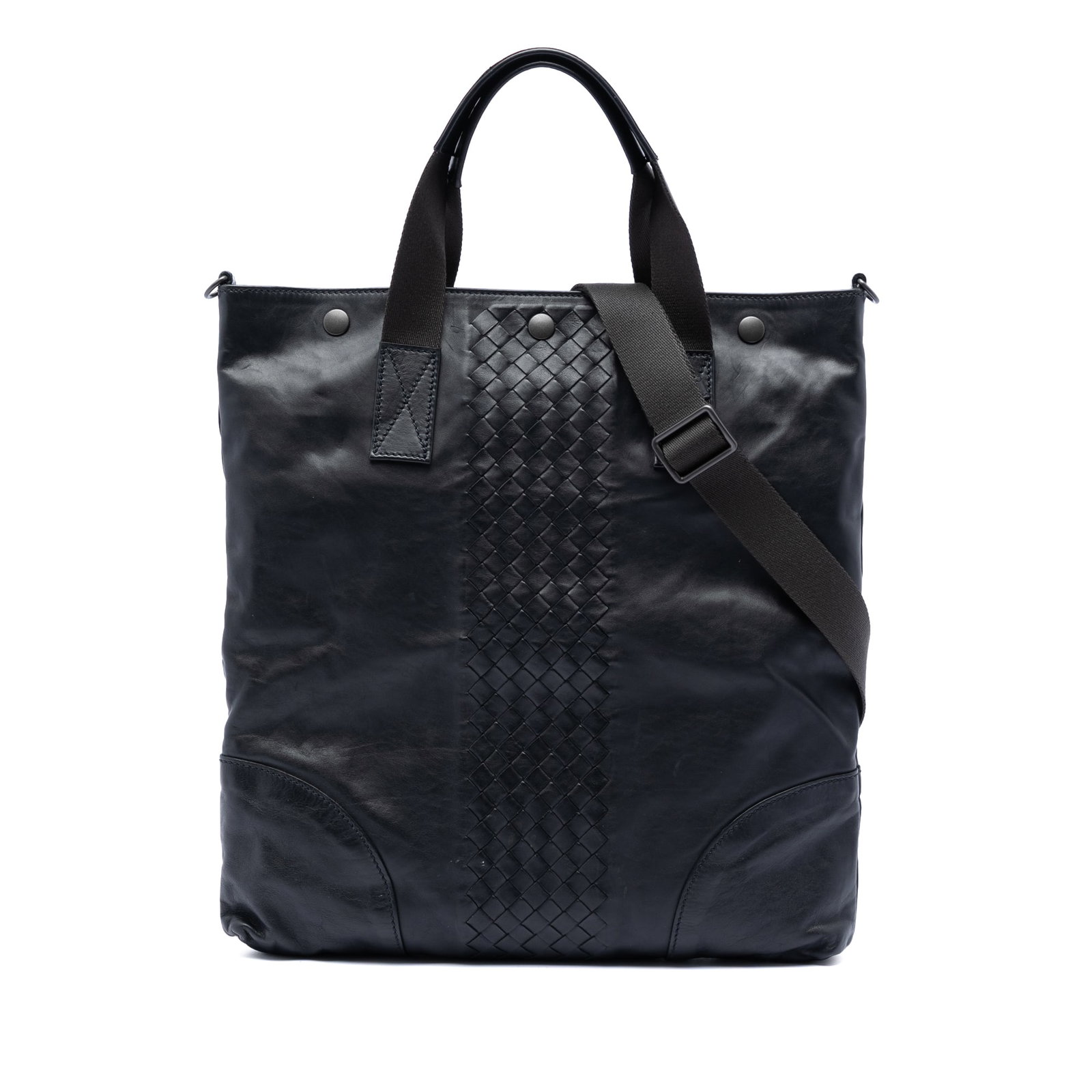 Bottega Veneta Nappa Leather Convertible Tote with Woven Trim: Bottega Veneta Nappa Leather Convertible Tote with Woven Trim This Bottega Veneta Intrecciato Trimmed Nappa Convertible Tote features a black leather body with signature woven trim, flat leather top h
