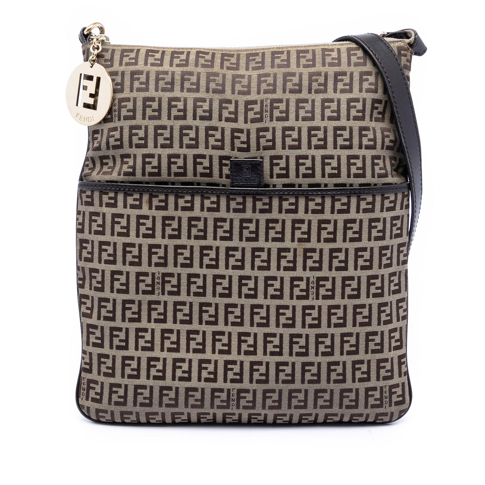 Fendi Zucchino Brown Canvas Adjustable Strap Crossbody Bag: Fendi Zucchino Brown Canvas Adjustable Strap Crossbody Bag This Fendi Zucchino Canvas Crossbody bag features a brown fabric exterior with an adjustable flat leather strap, a top zip closure, an exteri