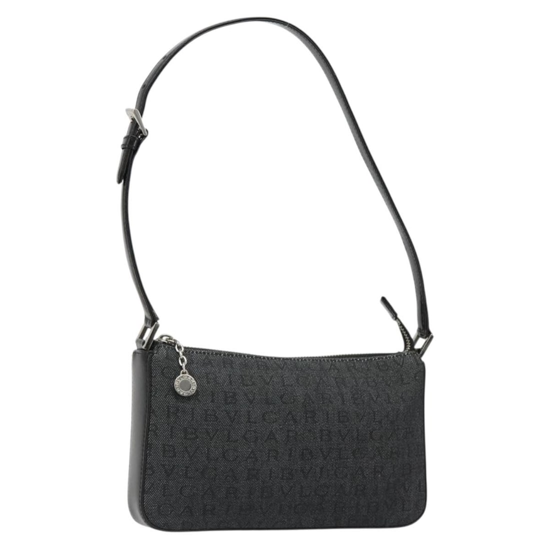 BVLGARI Black Canvas Shoulder Bag Silver Tone Italy: BVLGARI Black Canvas Shoulder Bag Silver Tone Italy A BVLGARI shoulder bag in black and silver canvas, made in Italy. The bag measures approximately 22 cm W x 13 cm H x 3 cm D, with a shoulder drop of