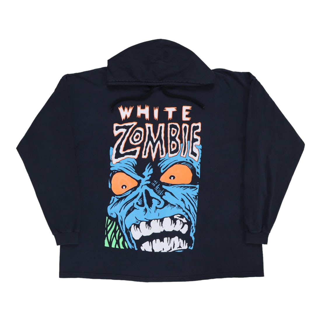 Vintage 1990s White Zombie Black Cotton Hoodie With Front and Back Graphics: Vintage 1990s White Zombie Black Cotton Hoodie With Front and Back Graphics This is an original 1990s White Zombie hoodie, featuring both front and back graphics. It is a true vintage piece, not a mod