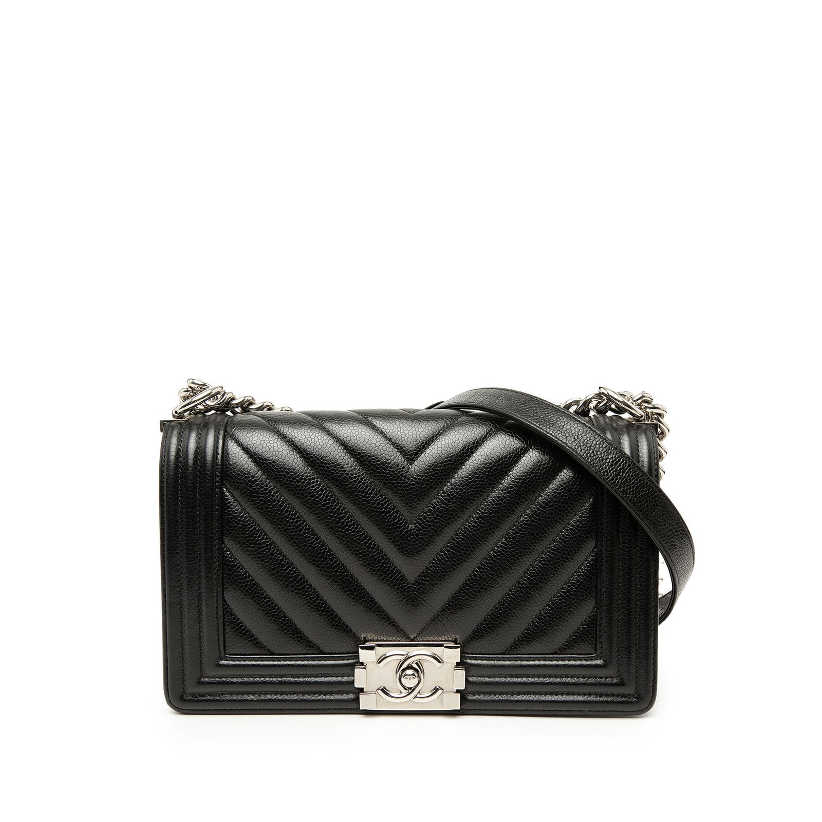 Chanel Boy Flap Old Medium Chevron Caviar Leather Shoulder Bag: Chanel Boy Flap Old Medium Chevron Caviar Leather Shoulder Bag A Chanel Old Medium Chevron Caviar Boy Flap bag in black, crafted with a quilted caviar leather body. It features a chain link shoulder s
